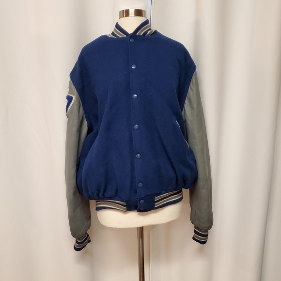 Vintage 90s Varsity Letterman High-school 2 Tone Wool Leather Bomber Jacket Lg - Picture 11 of 13